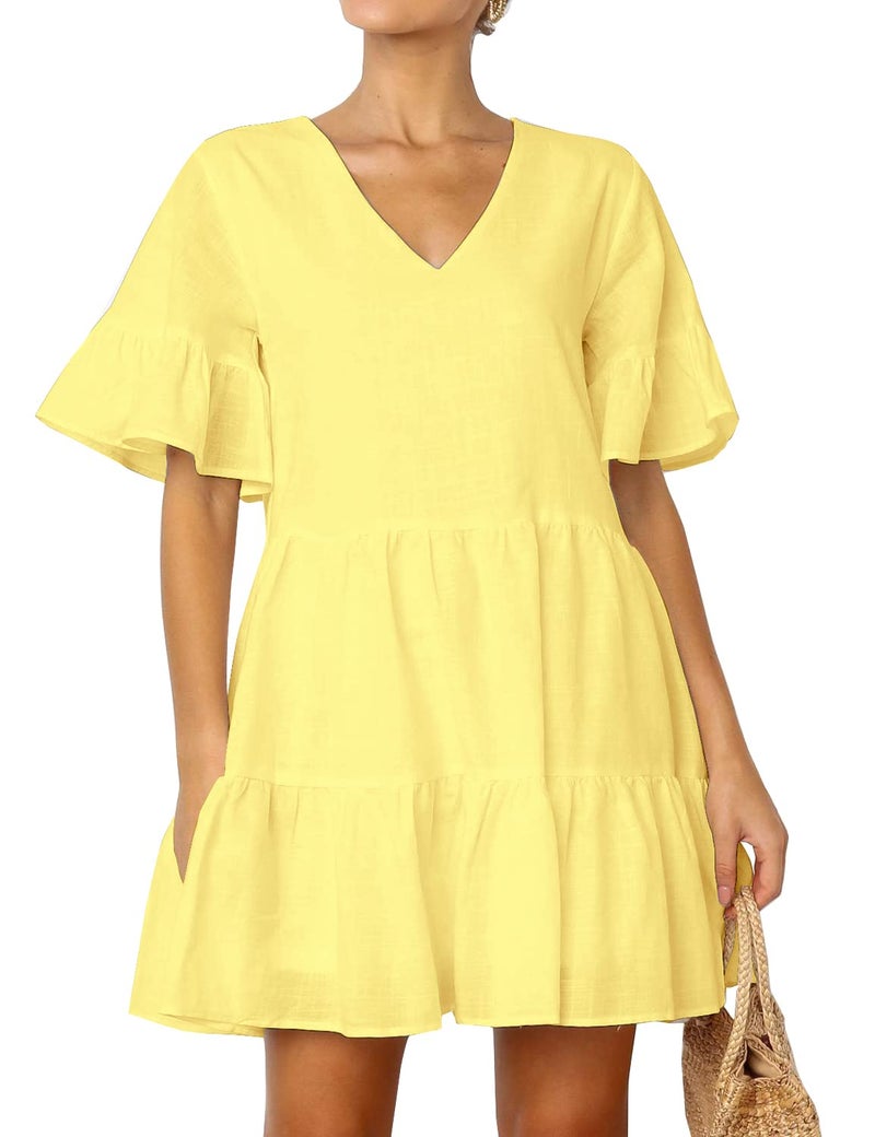 FANCYINN Women Ruffle Shift Dress with Pockets Bell Sleeve V Neck Loose Swing Tunic Mini Dress for Summer Light Yellow S - Image 3
